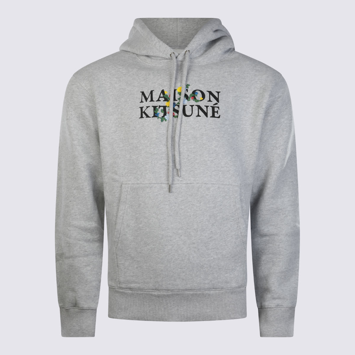 Shop Maison Kitsuné Grey Melange Cotton Flower Logo Lettering Sweatshirt