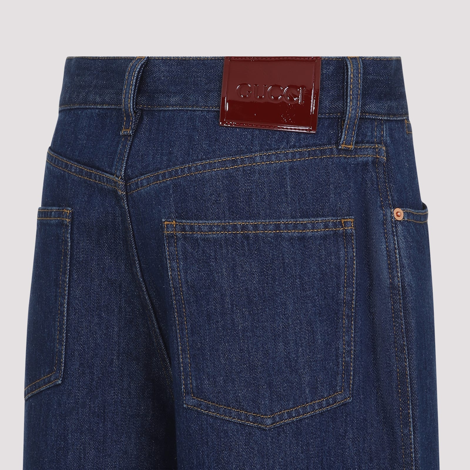 Gucci Blue Jeans With Belt Loops And Logo Patch On The Rear In Denim Woman In Dark Blue