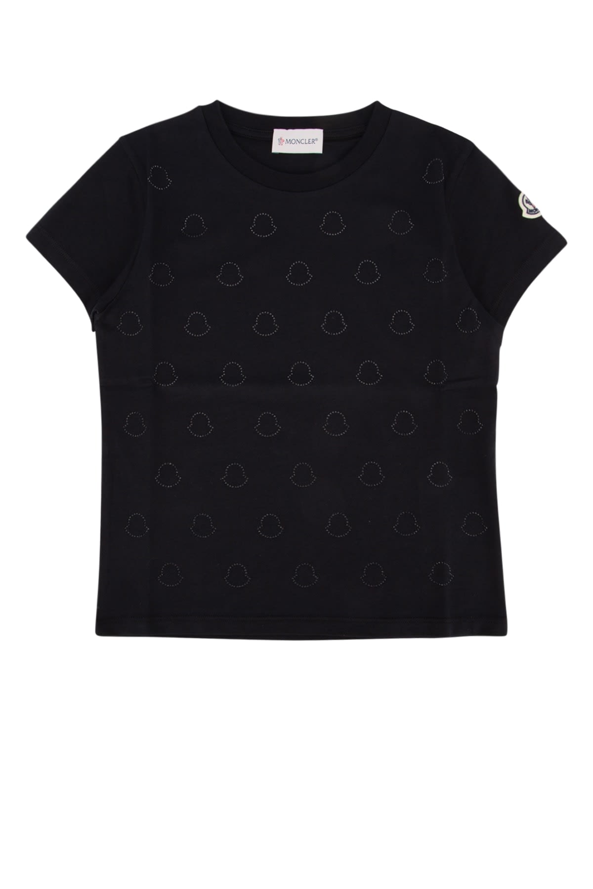 Moncler Black Crewneck T-shirt With Rhinestone Logo In Cotton Girl In 999