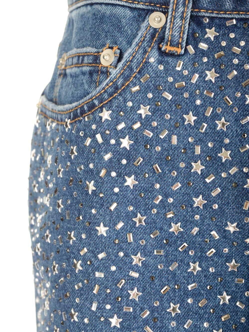 Alessandra Rich Denim Mini Skirt W/crystals In Blue