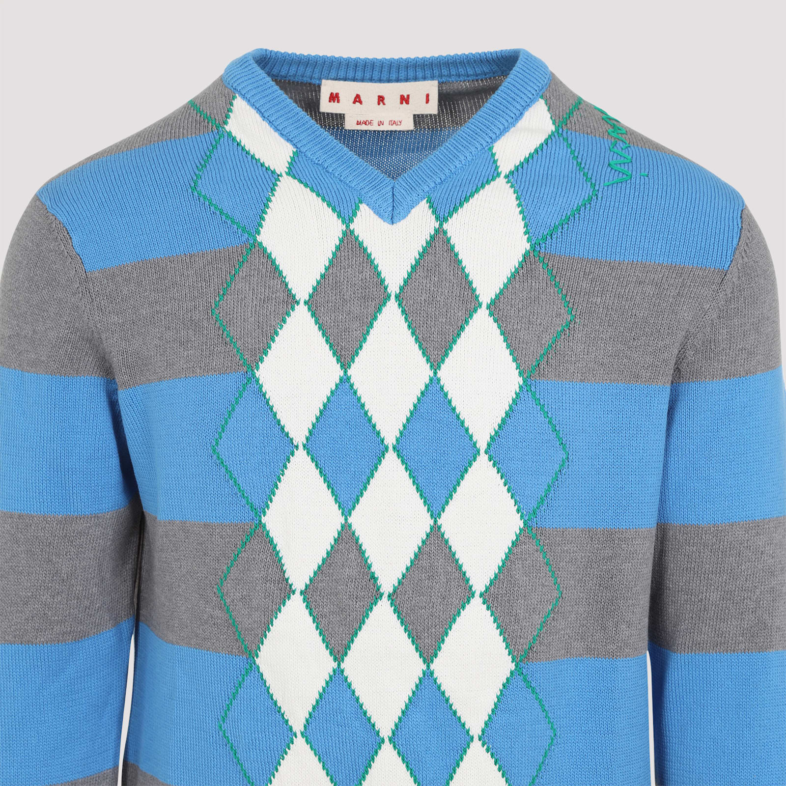 Marni Blue Stripe Sweater With Argyle Motif In Azure