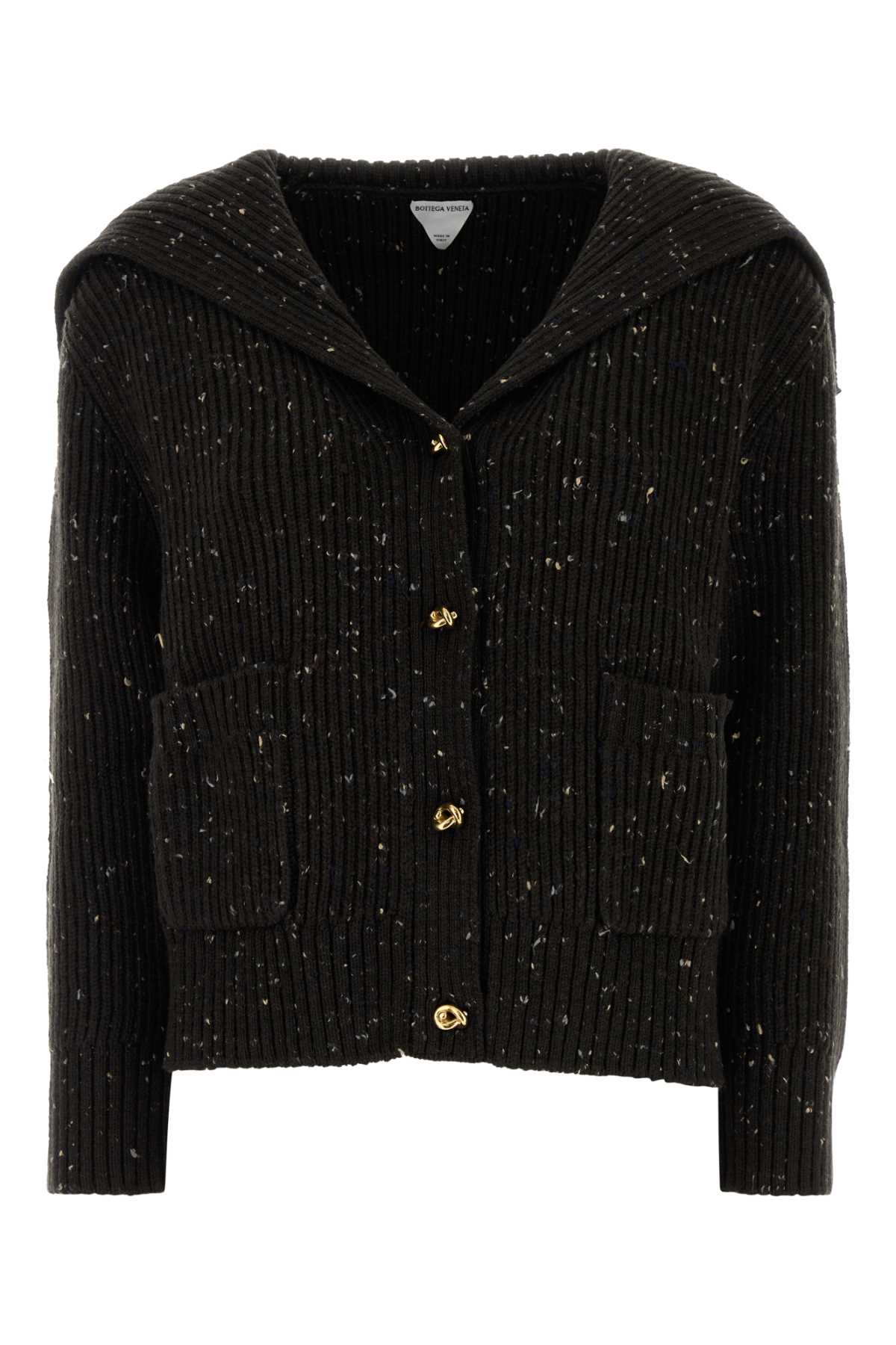 Bottega Veneta Melange Dark Brown Wool Blend Cardigan In Black