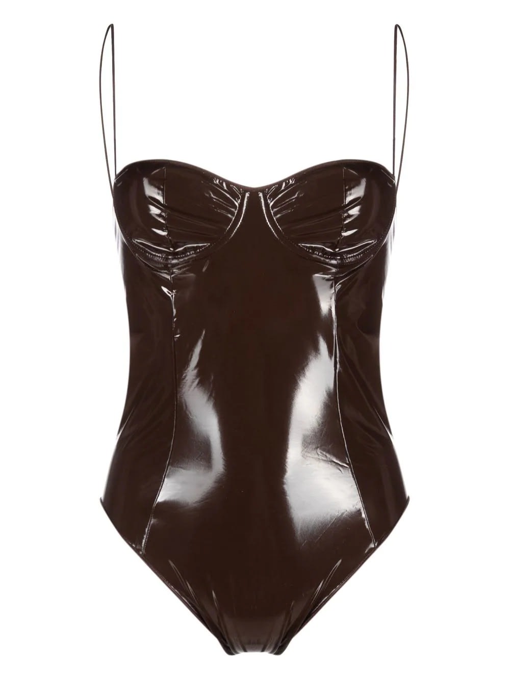 OSEREE CHOCOLATE LATEX BALCONETTE MAILLOT ONE-PIECE SWIMSUIT