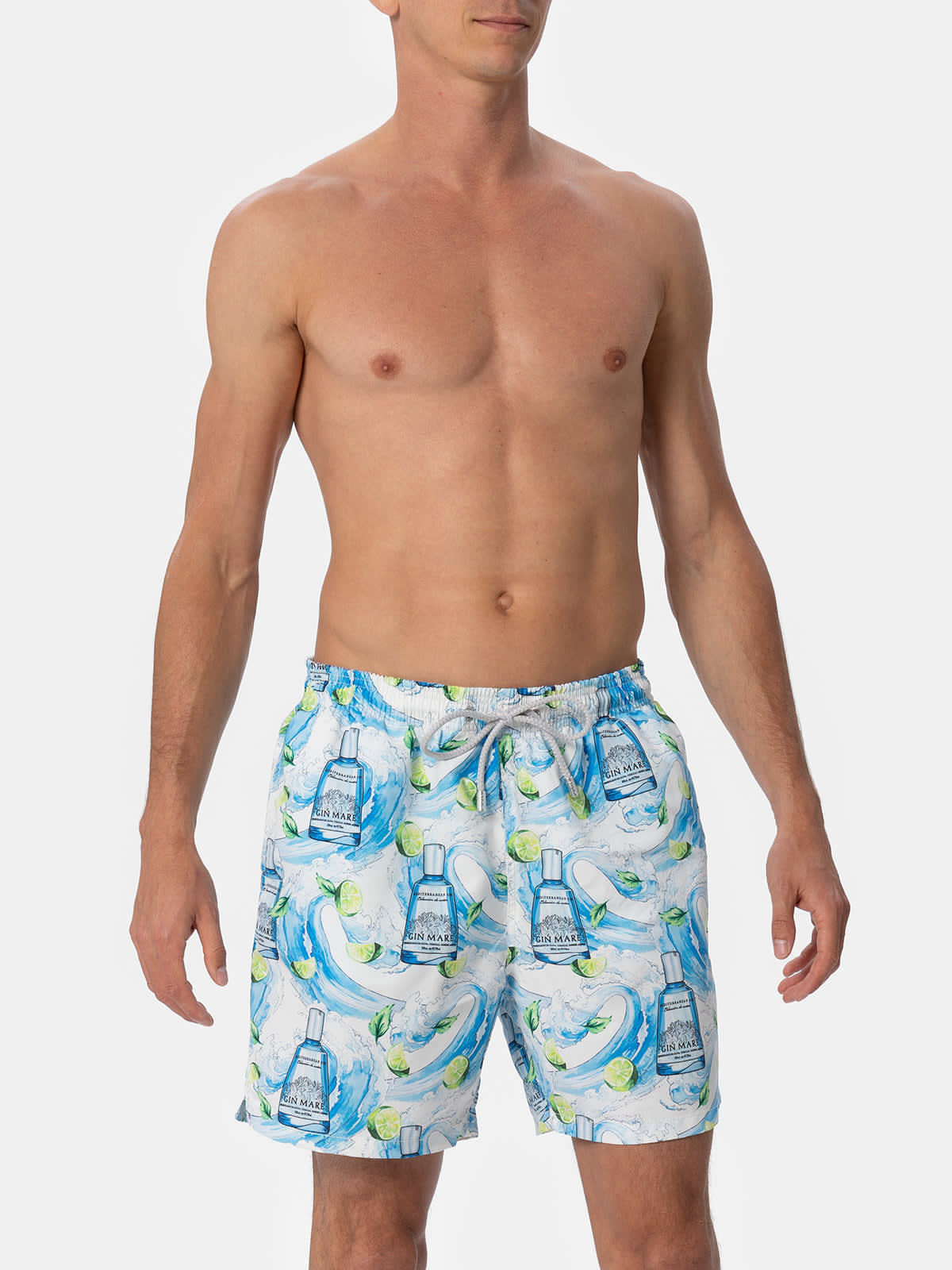 Shop Mc2 Saint Barth Man Mid-length Striped Gustavia Swim-shorts With Gin Print Gin Mare Special Edition In White