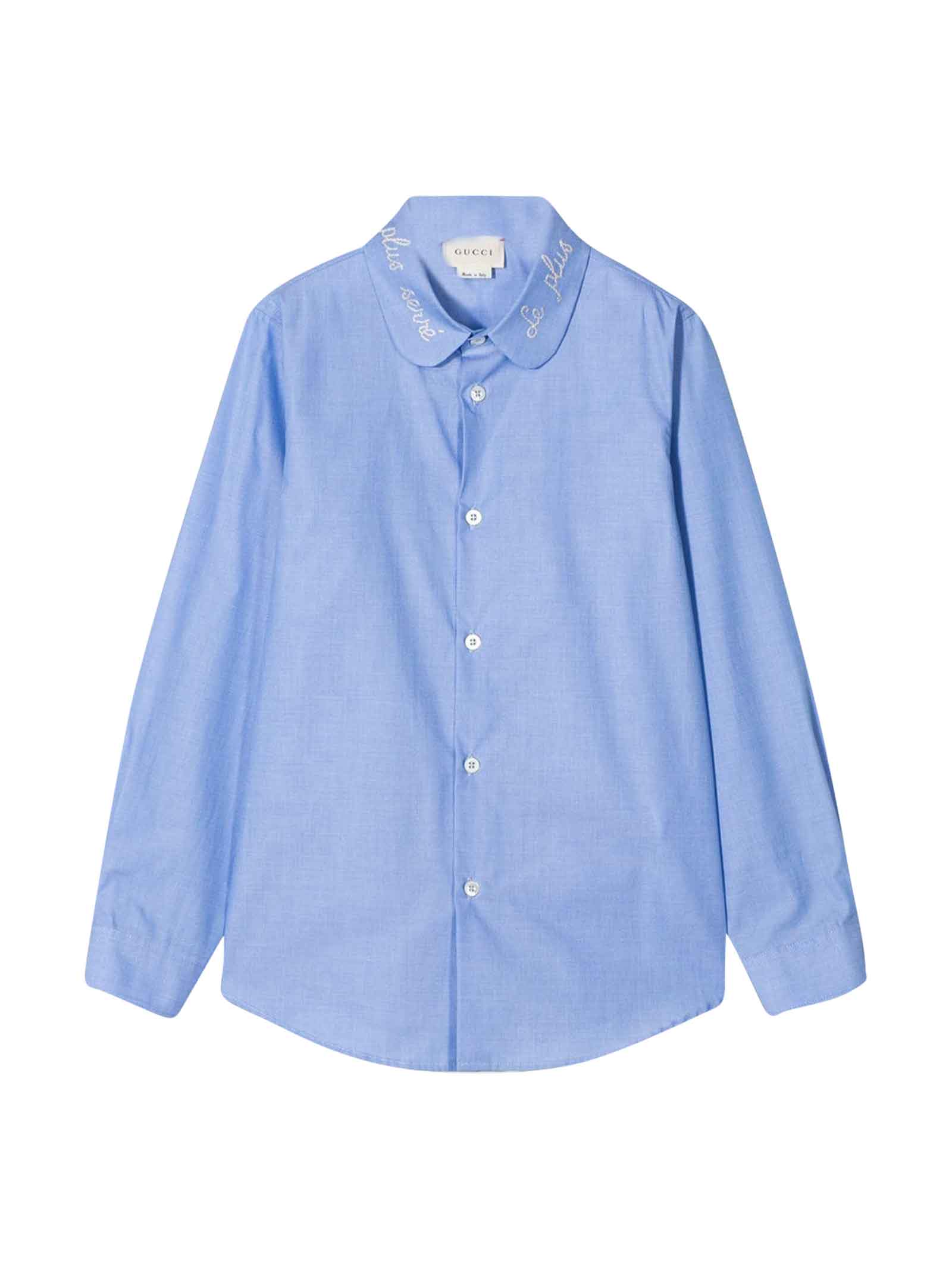 GUCCI BLUE SHIRT WITH EMBROYDED COLLAR,11261169