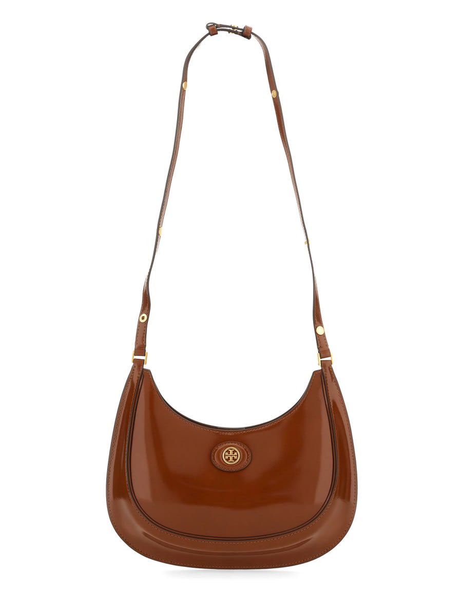 Shop Tory Burch Robinson Brushed Leather Crescent Bag In Buff