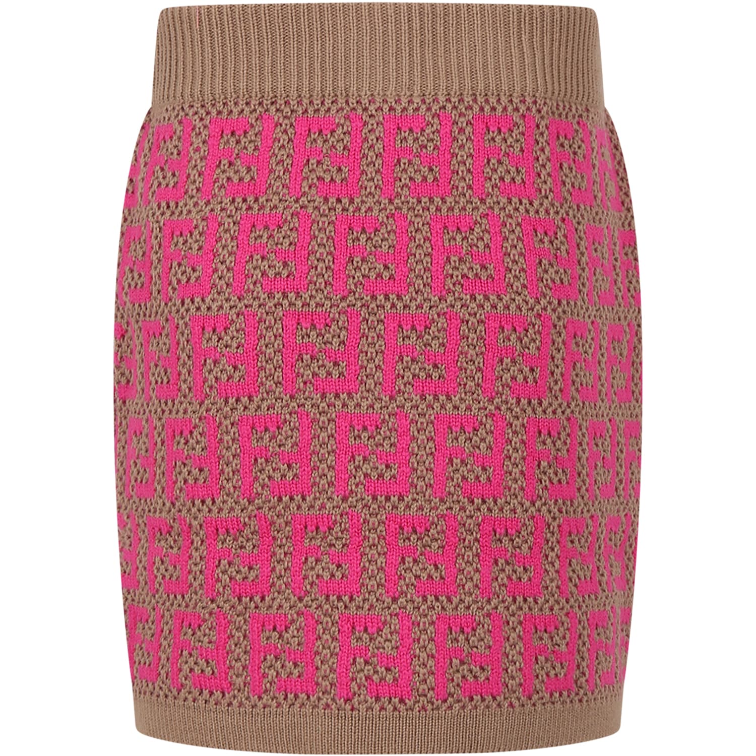 Shop Fendi Brown Skirt For Girl With Double Ff In Beige