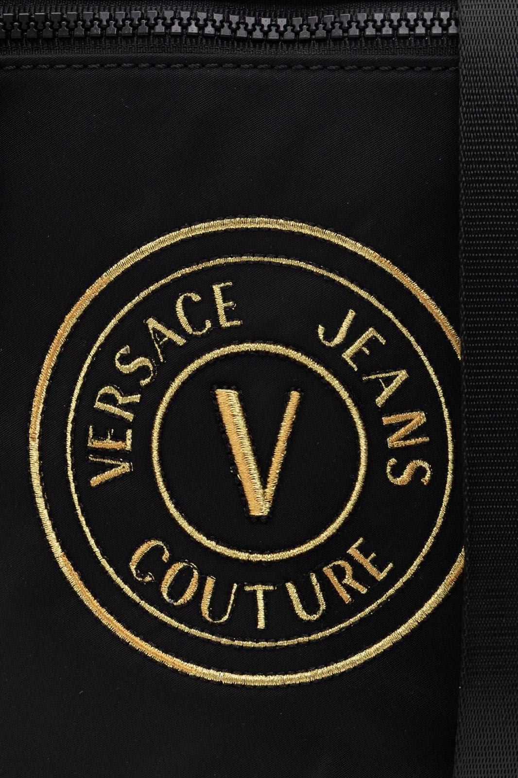 Shop Versace Jeans Couture Logo Embroidered Zipped Messenger Bag In Black