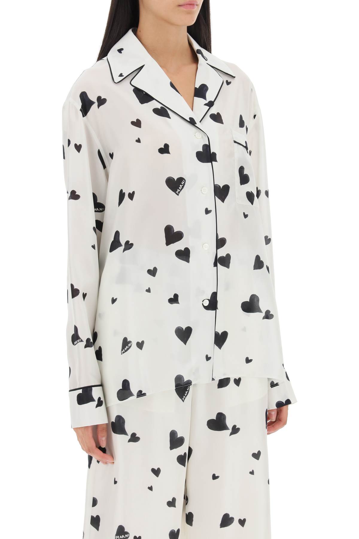 Shop Marni Bunch Of Hearts Print Silk Pajama Shirt In Stone White (white)