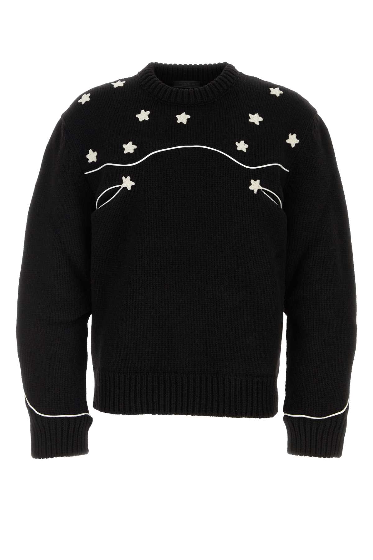 Prada Wool Crew Neck Sweater With Ribbed Cuffs In Black