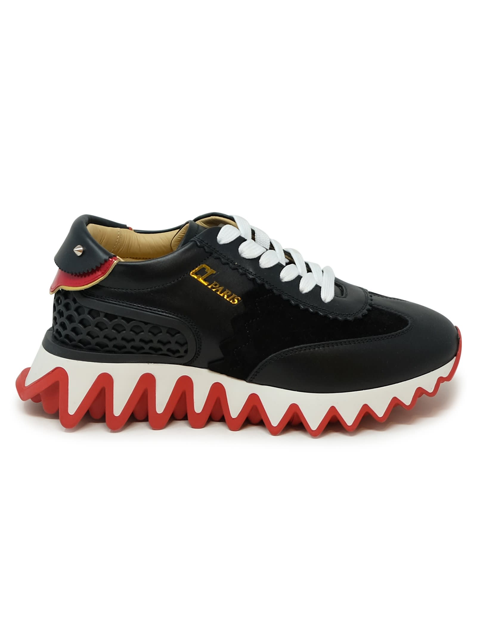 Shop Christian Louboutin Black/loubi Calf/vv/pat Loubishark Donna Flat Sneakers