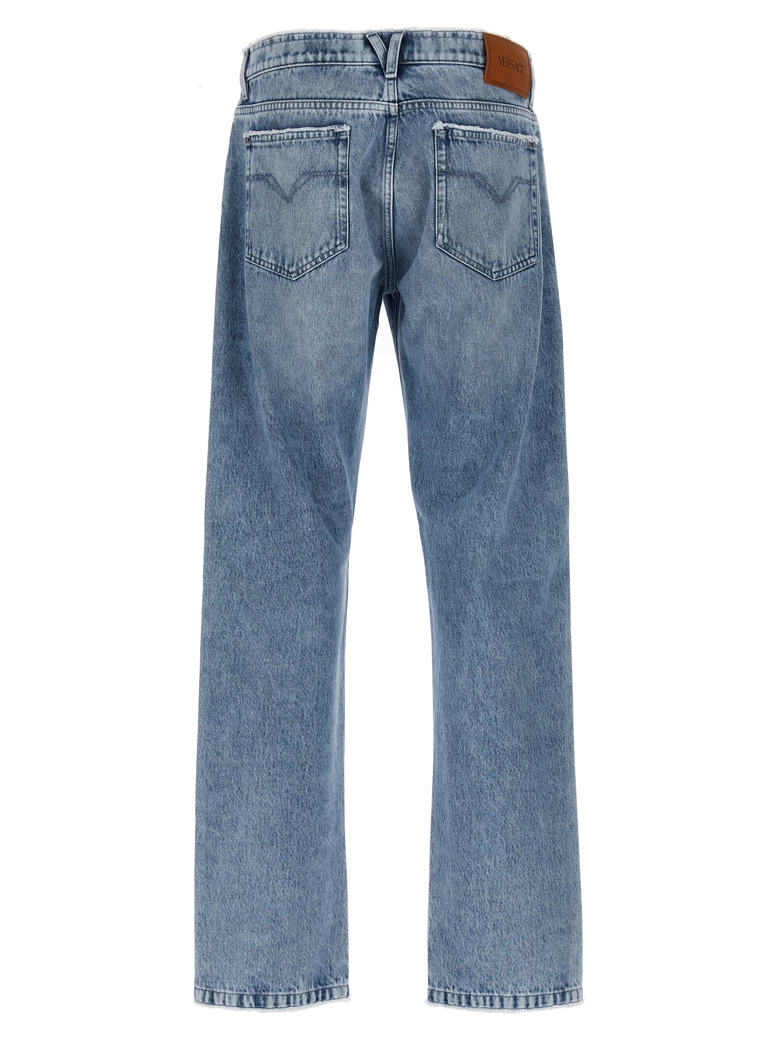 Shop Versace Fringed Jeans In Light Blue