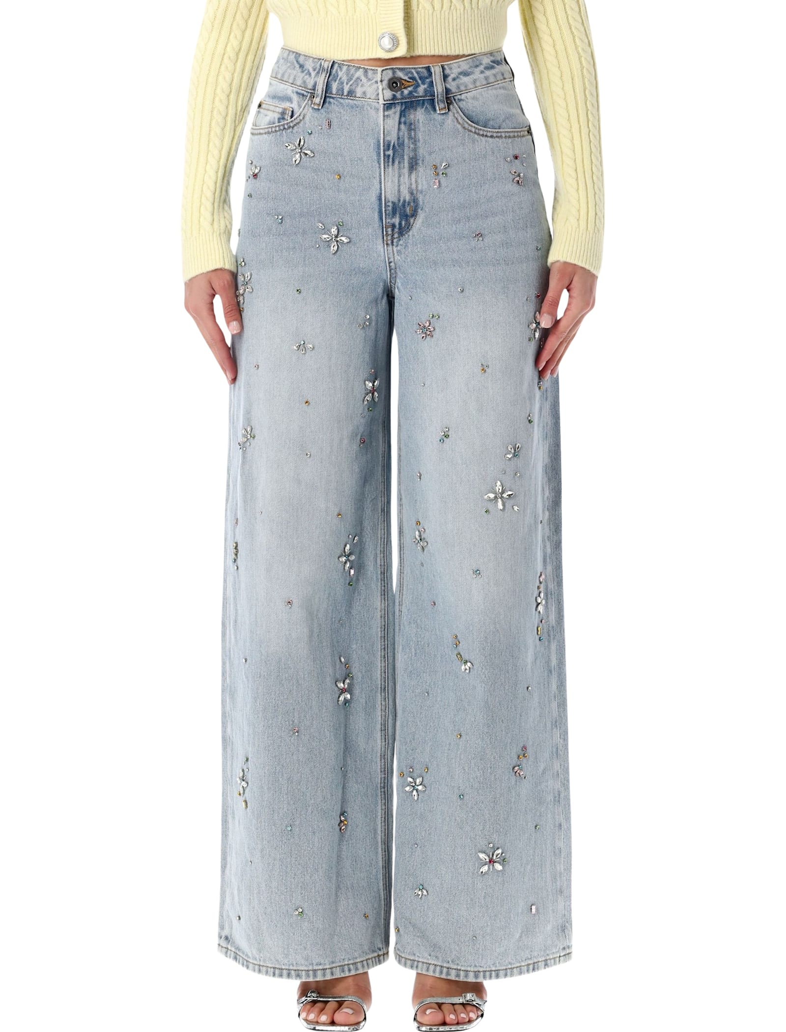 Self-portrait Embellished Wide-leg Jeans With Crystal Embellishment In Blue