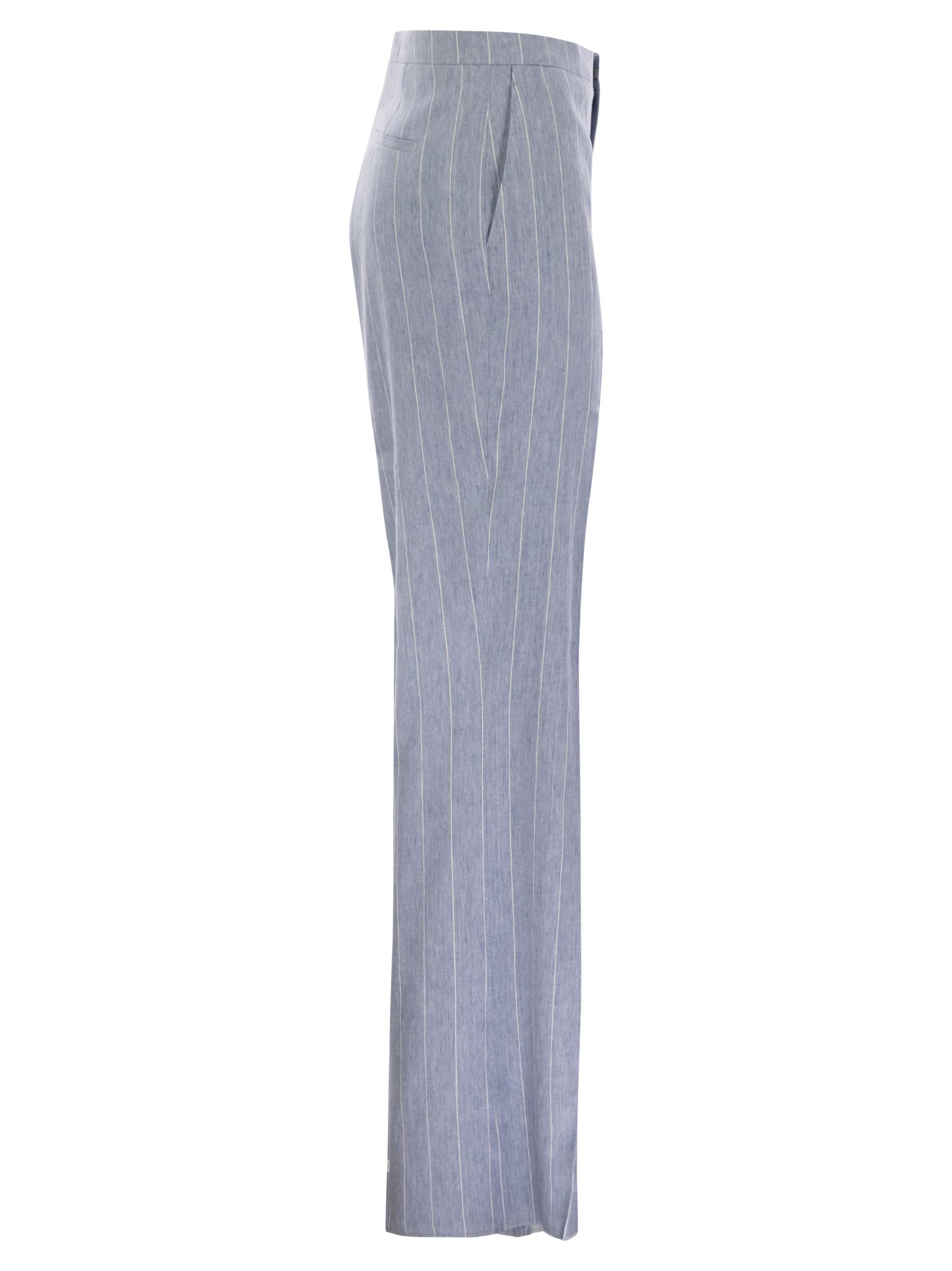 Tagliatore Women Pinstripe Trousers In Linen And Stretch Cotton In Light Blue