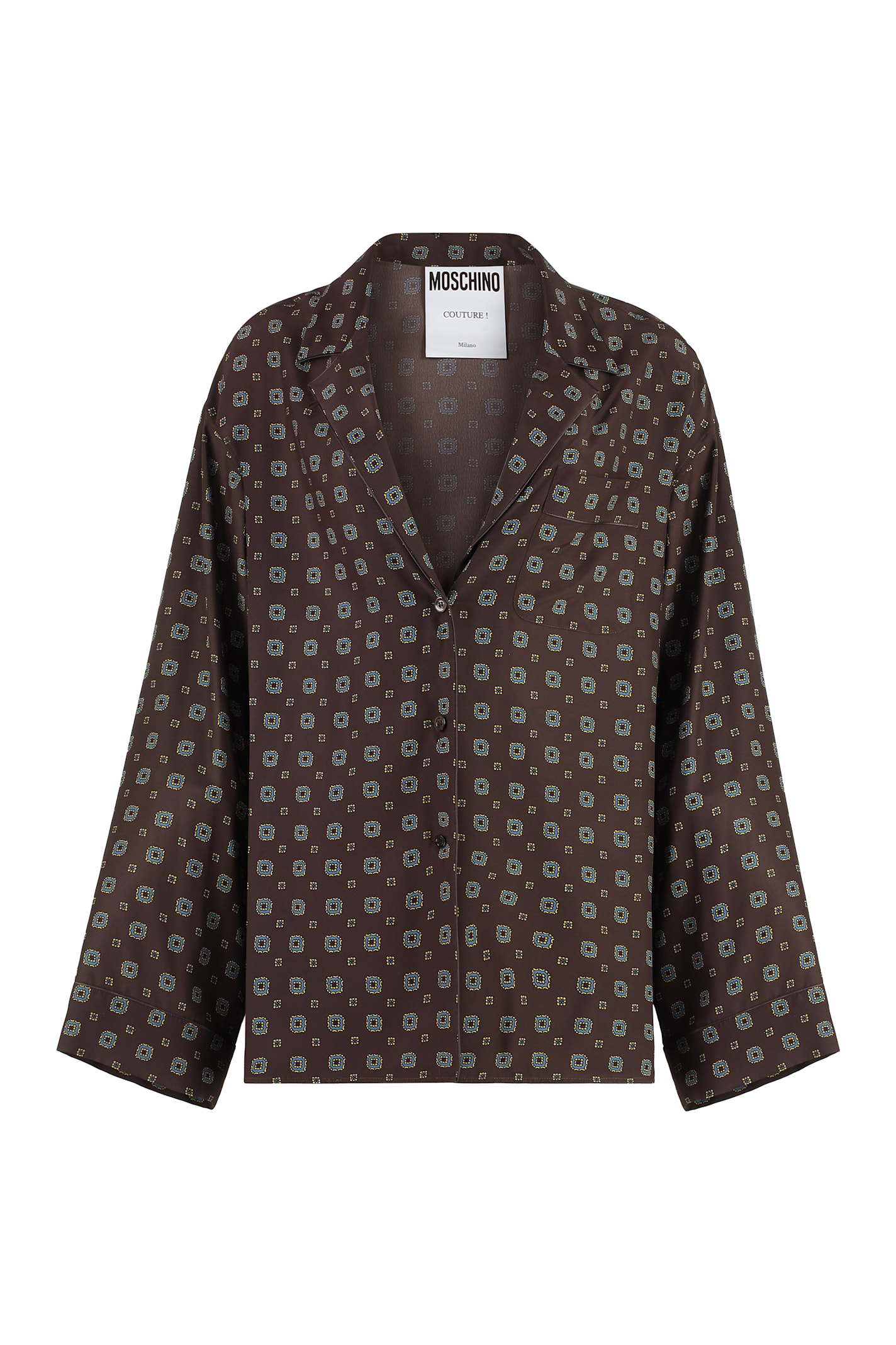 Shop Moschino Printed Silk Shirt In Brown