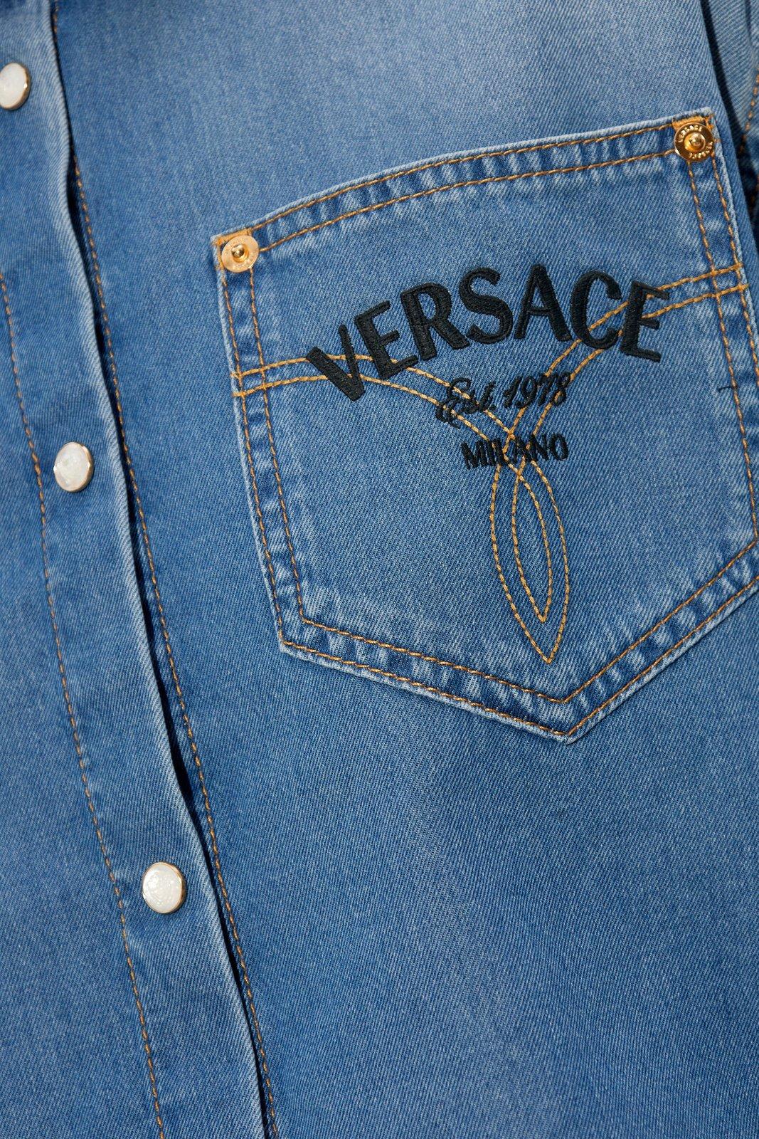 Shop Versace Logo Denim Shirt In Medium Blue