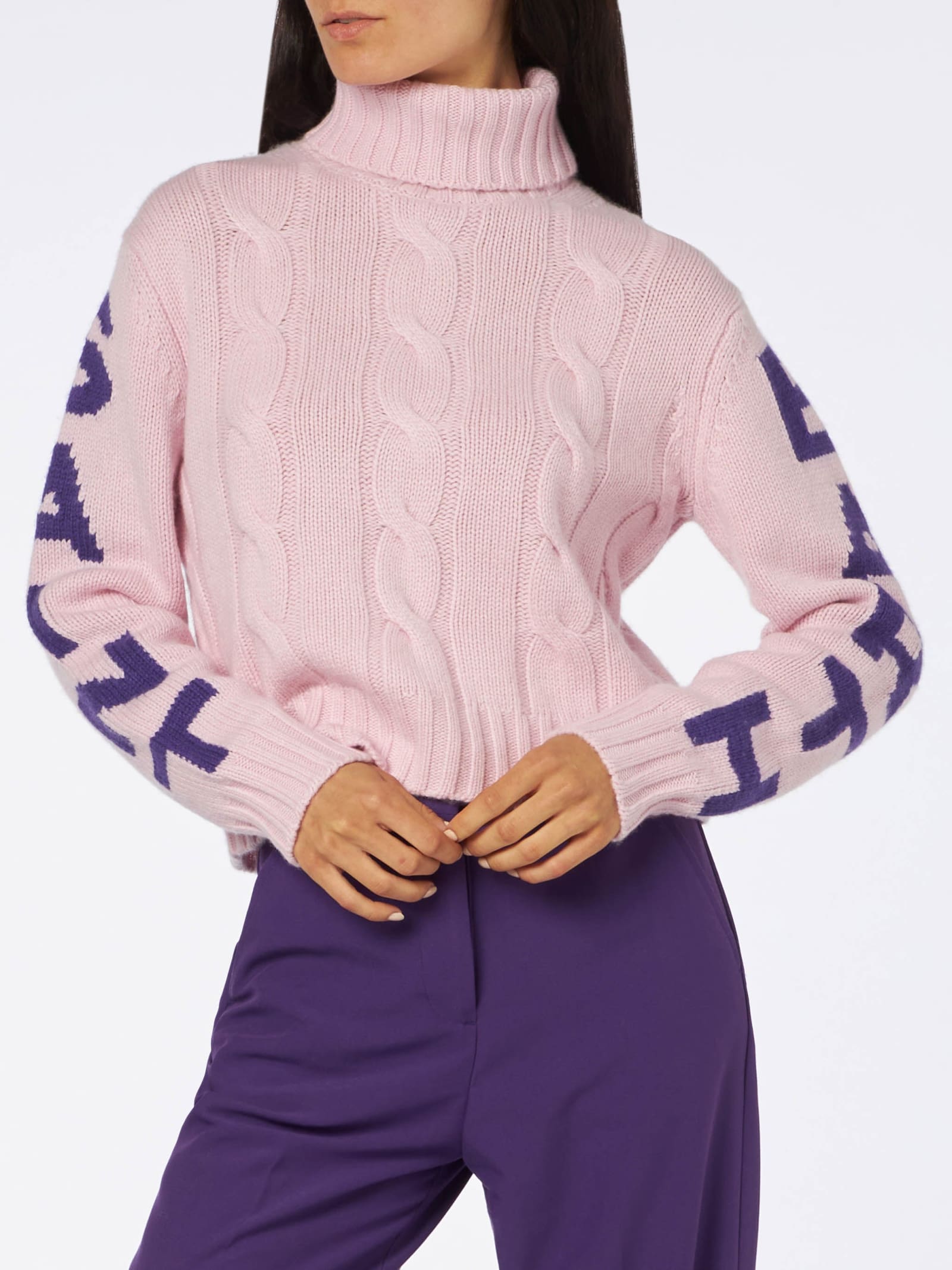 Shop Mc2 Saint Barth Woman Turtleneck Braided Sweater With Saint Barth Jacquard Print In Pink