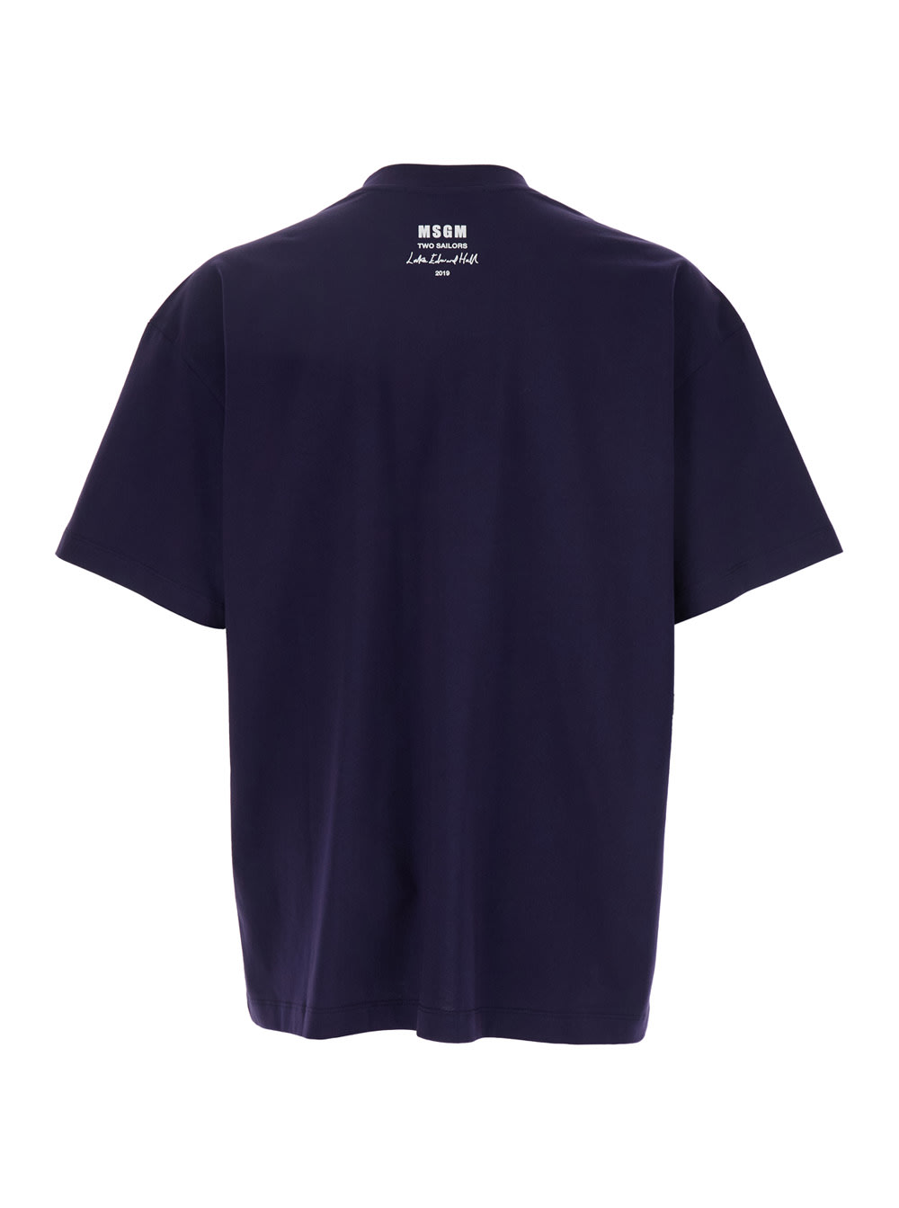 Msgm Blue Crewneck T-shirt With Patch On The Front And Logo Lettering On The Back In Blu