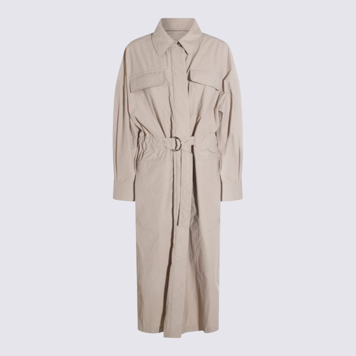 Brunello Cucinelli Long Jacket With Belted Waist And Pockets In Neutral