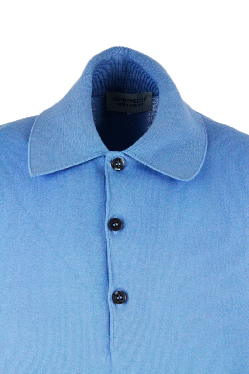 Shop John Smedley Short-sleeved Polo Shirt In Extra-fine Cotton Thread With Three Buttons In Blu Clear