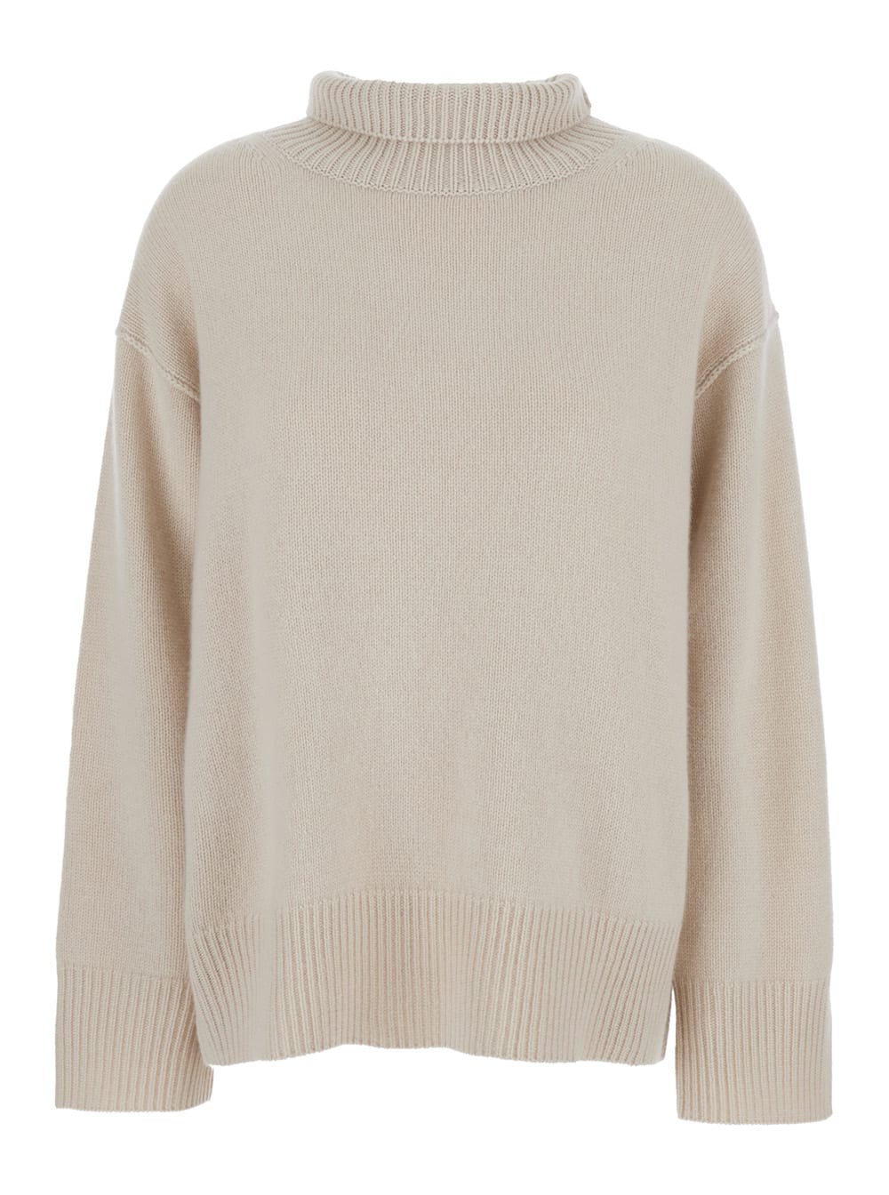 Goat Boyfriend Beige Turtleneck Sweater With Dropped Shoulders In Cashmere Woman In Gray