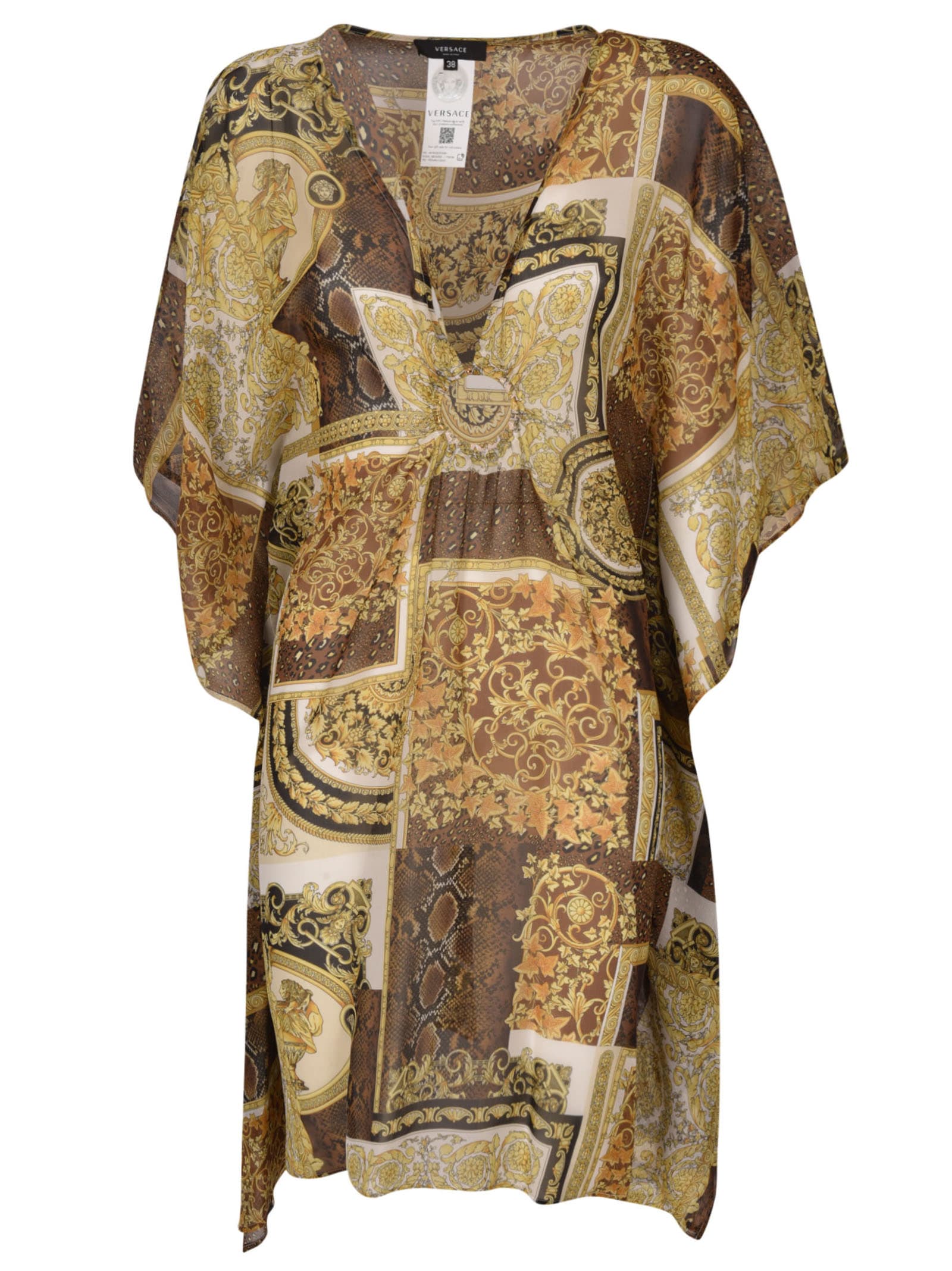 Versace Wide Sleeve Printed Dress In Gold/brown