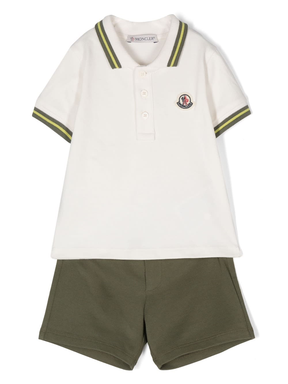 MONCLER WHITE AND GREEN POLO SHIRT AND SHORTS SET WITH LOGO