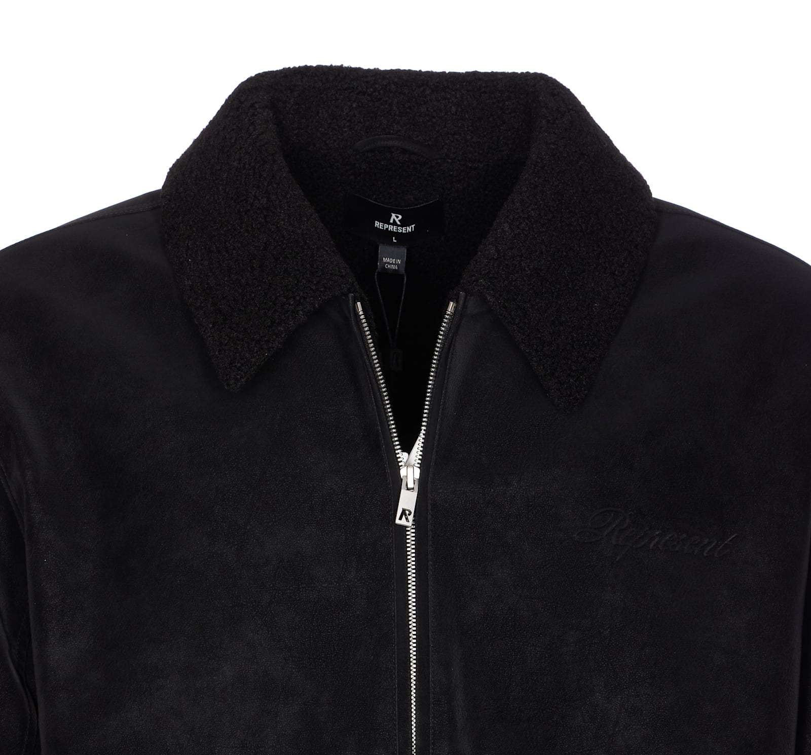 Represent Cropped Black Shearling Jacket With Plush Fur Collar In Black