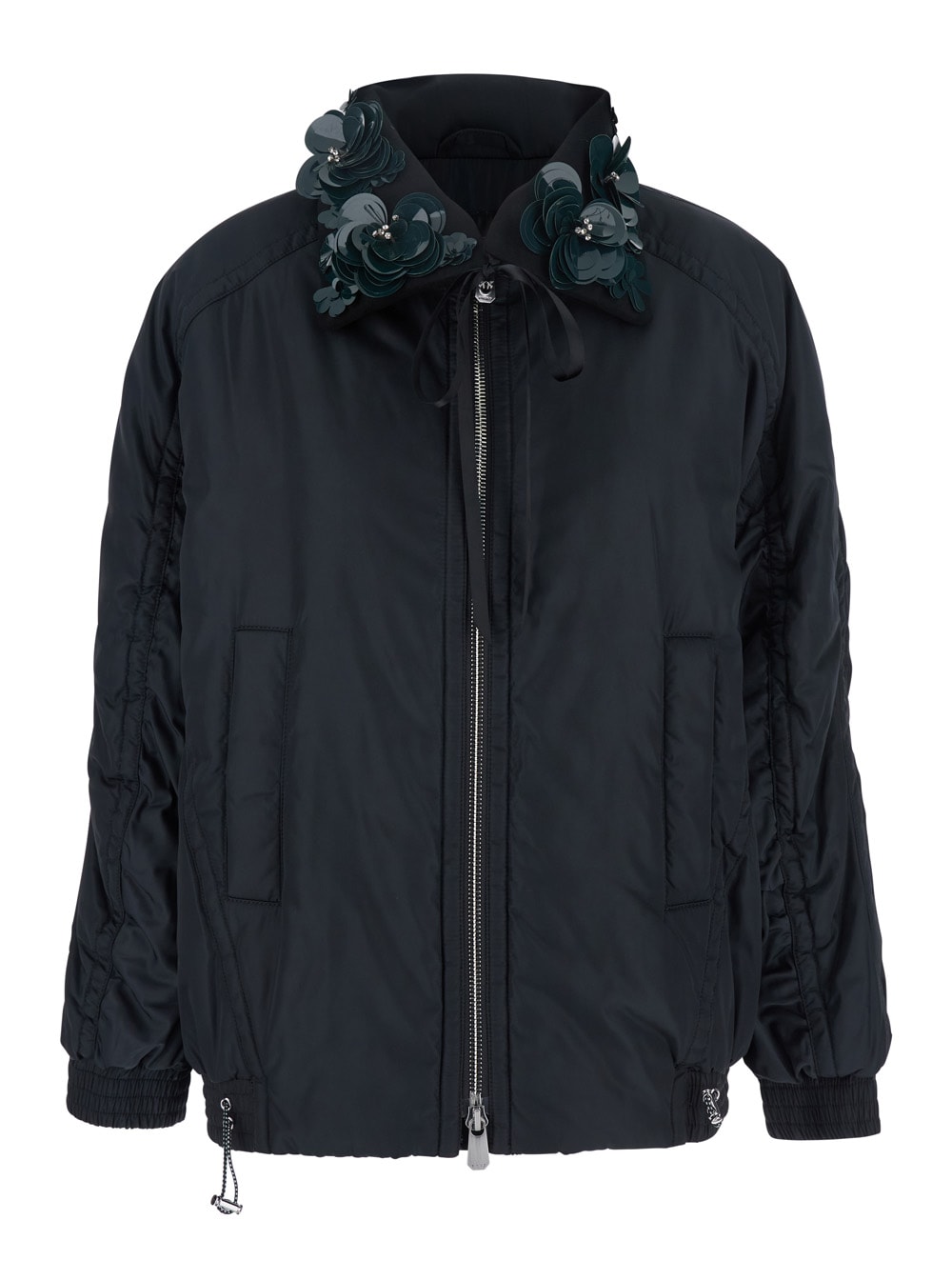 Pinko Clarinda Blue Jacket With Removable Sequin Collar And Drawstring Waist In Tech Fabric Woman In Blue