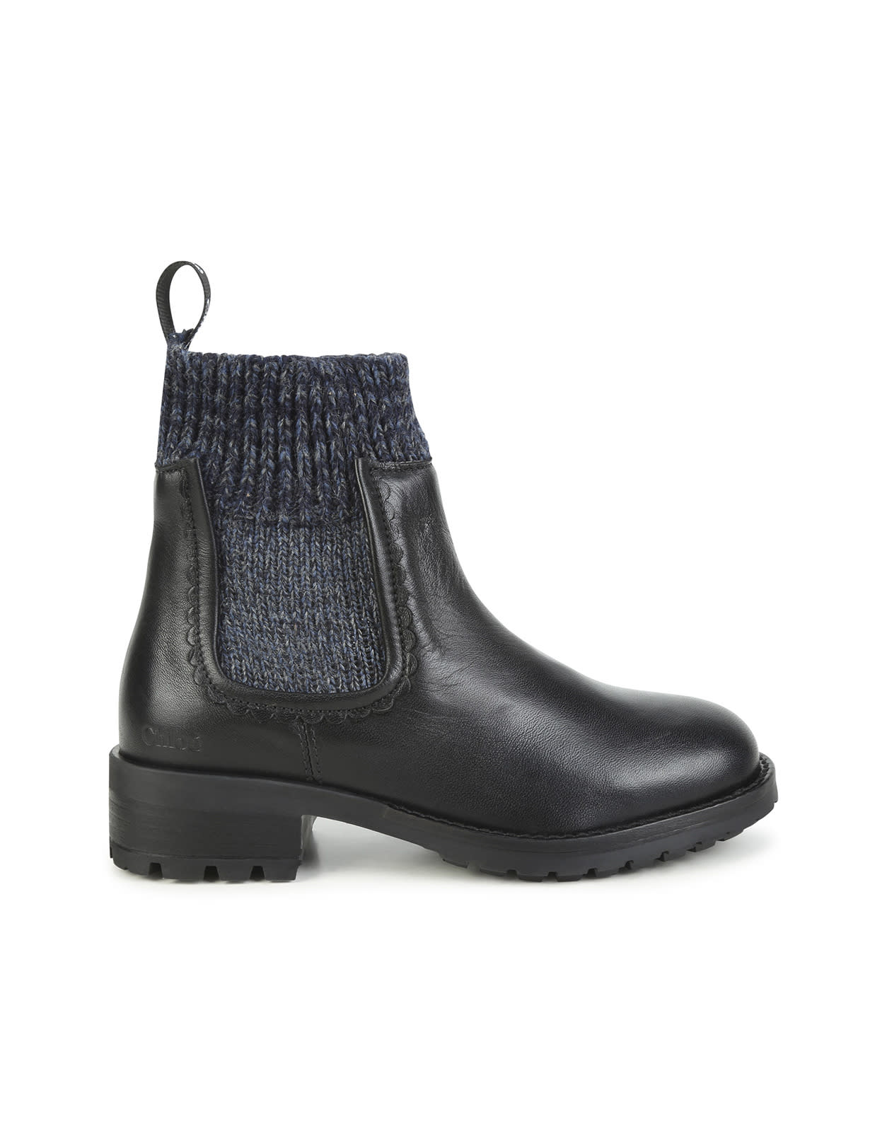 CHLOÉ BLACK LEATHER ANKLE BOOTS WITH NAVY BLUE SOCK INSERT