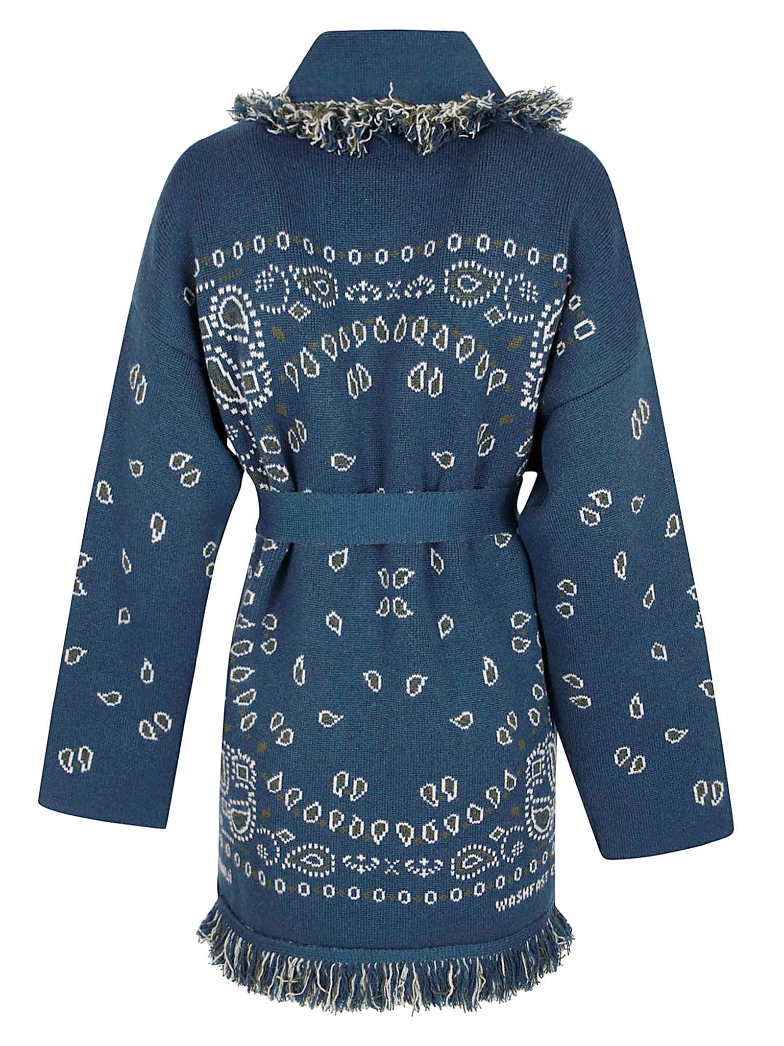 Alanui Bandana Jacquard Cashmere Cardigan With Two-tone Belt Closure In Blue