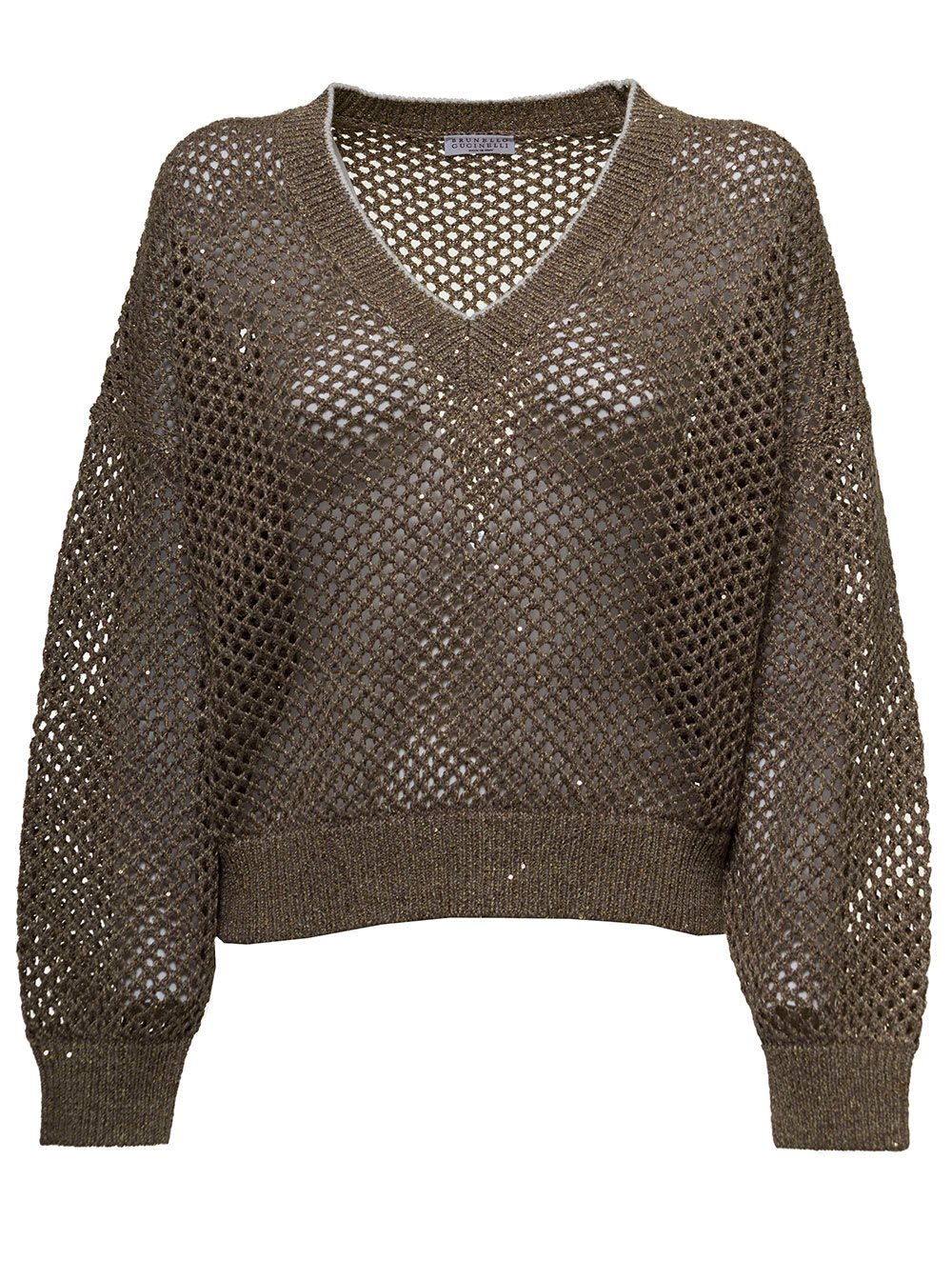 Brunello Cucinelli Sparkling Mesh Linen Blend Sweater With Sequins