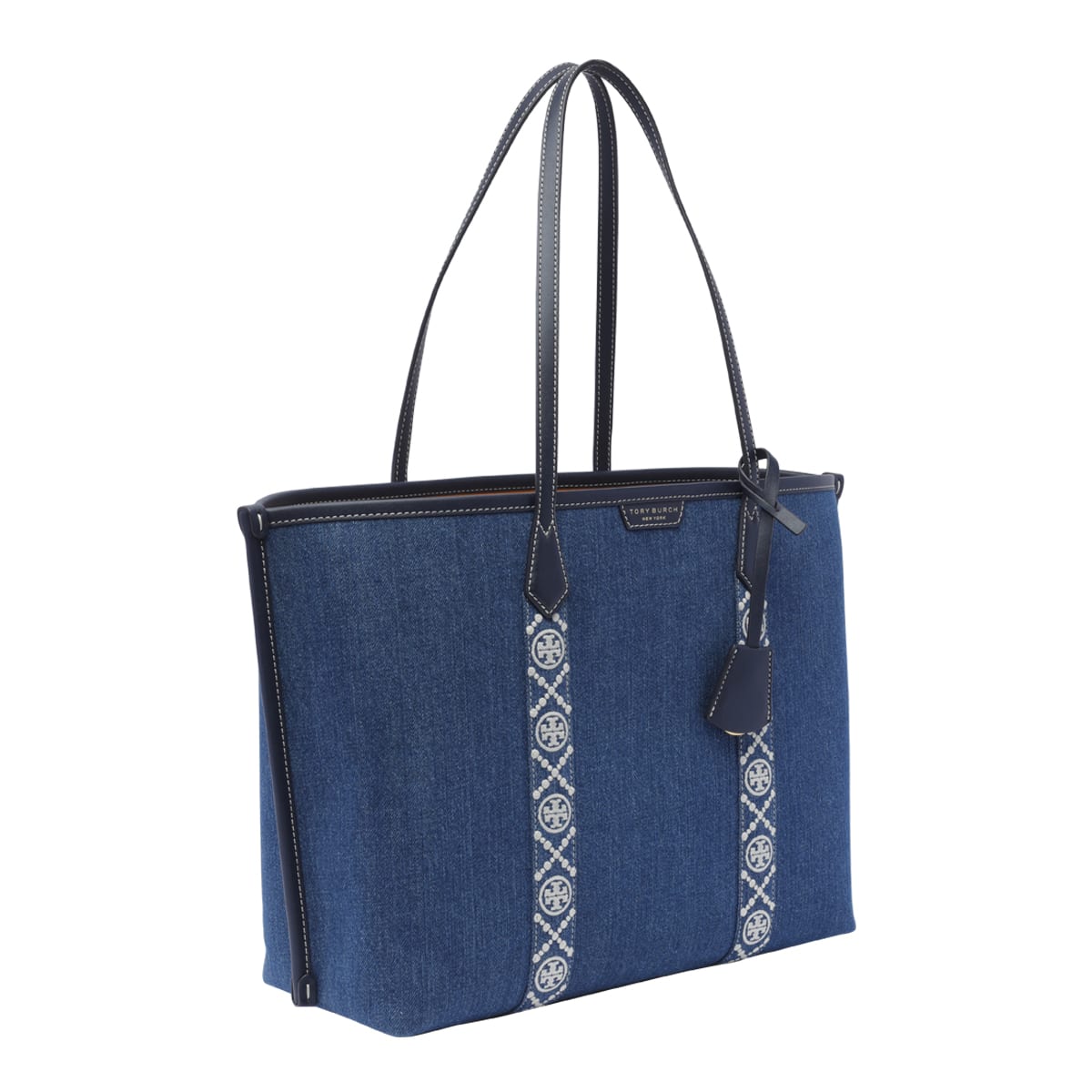 Shop Tory Burch Perry 3 Compartments Denim Shopping Bag In Blue