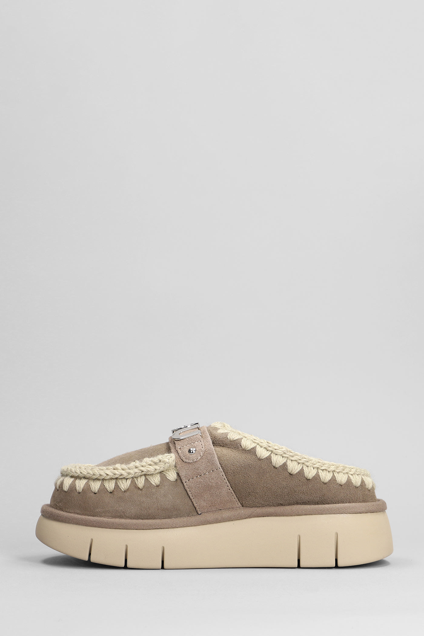 Mou 'bounce' Brown Mules With Logo Lettering And Open Rear In Grey