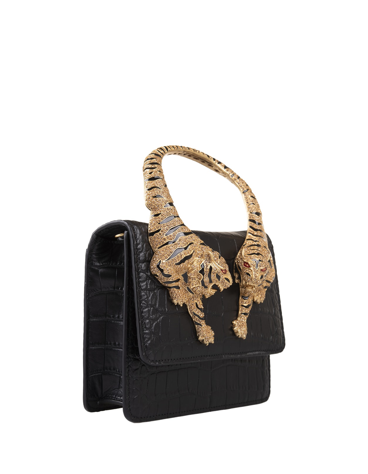 Shop Roberto Cavalli Black Medium Roar Shoulder Bag With Jewelled Tigers