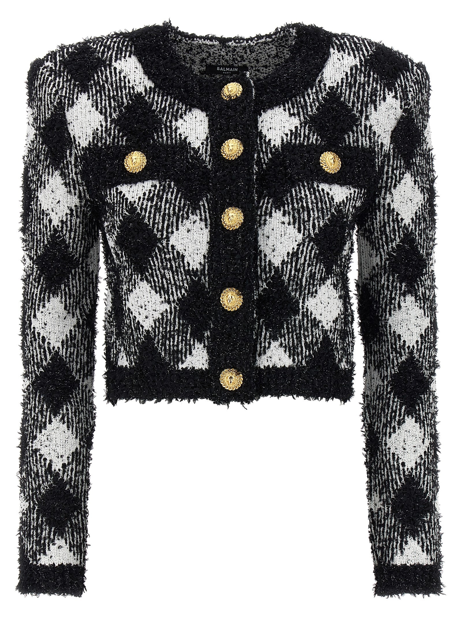 Shop Balmain Vichy Tweed Short Jacket In White/black