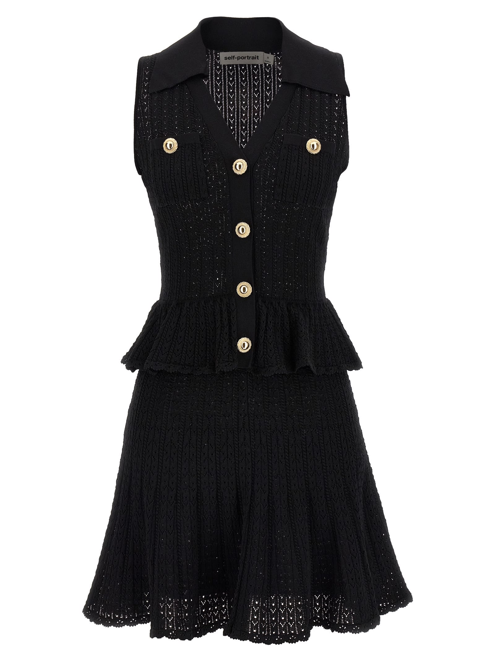 black Pointelle Knit Mini Dress
