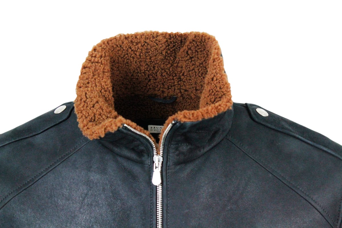 Shop Brunello Cucinelli Suede Shearling Bomber Jacket With Zip Closure And Knitted Cuffs And Bottom In Brown