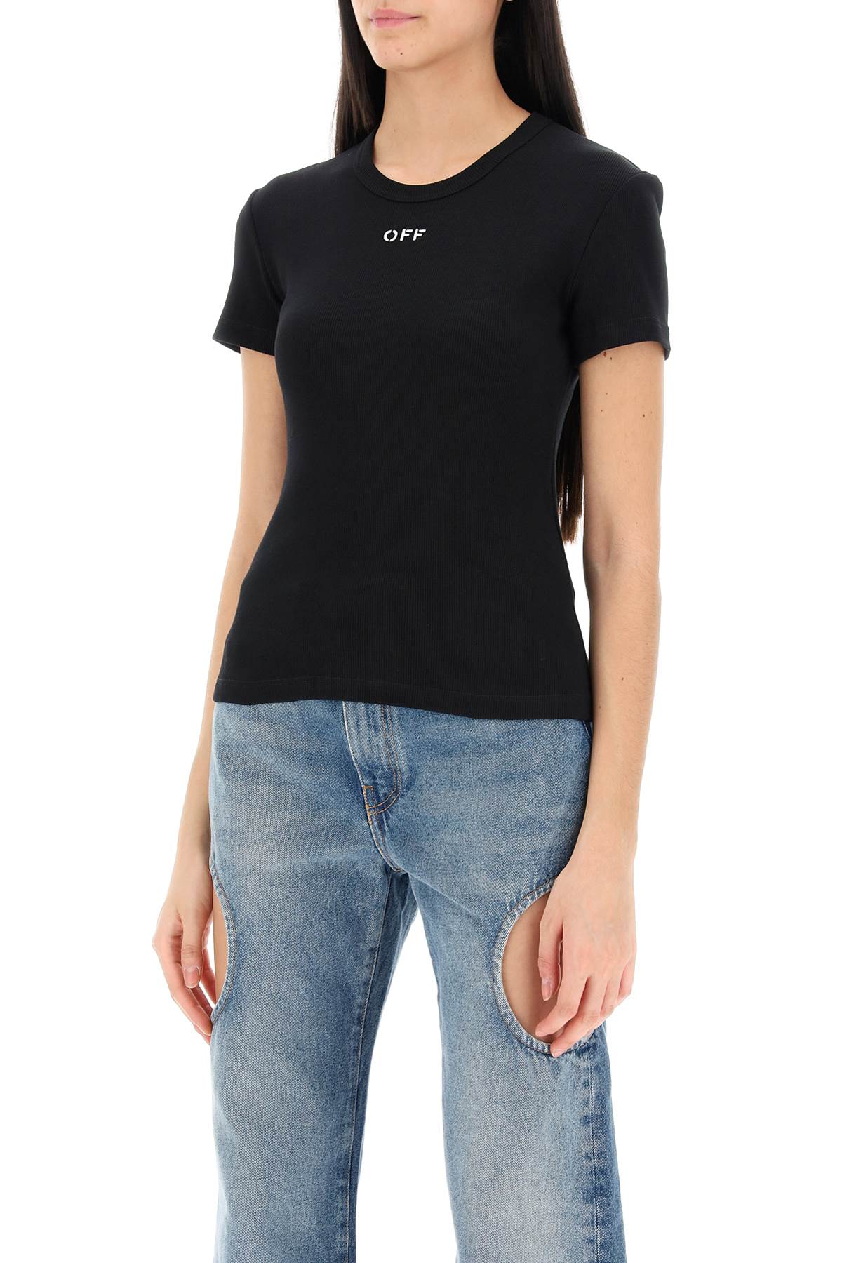 Shop Off-white Ribbed T-shirt With Off Embroidery In Black White (black)