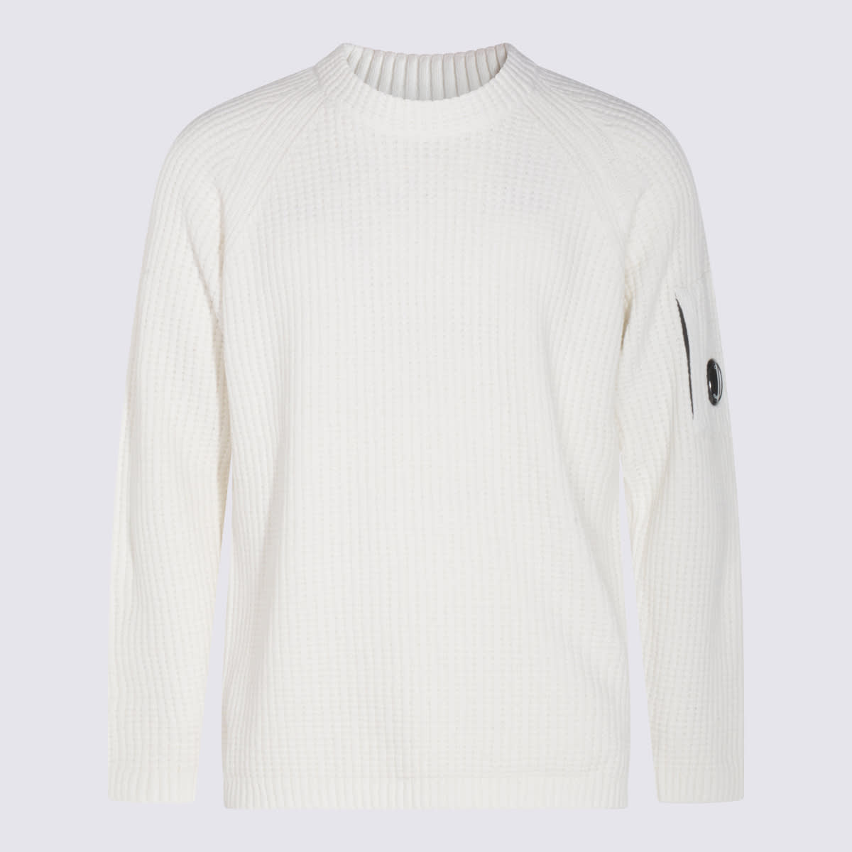 C.p. Company Long Sleeve Ribbed Crewneck With Arm Patch In White