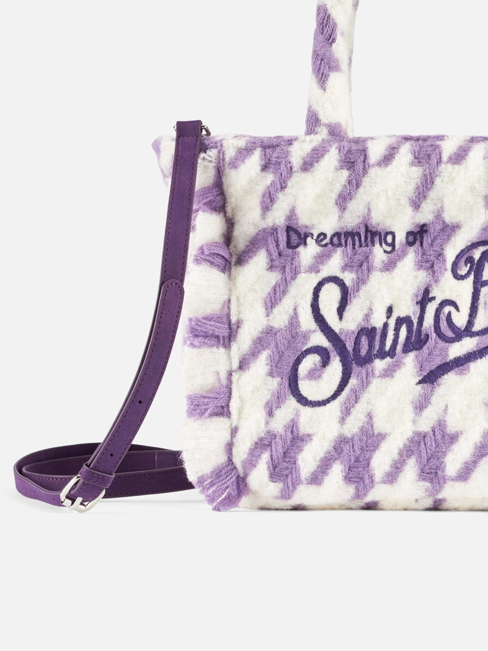 Mc2 Saint Barth Wooly Colette Fringed Handbag With Pied De Poule Pattern In Pink