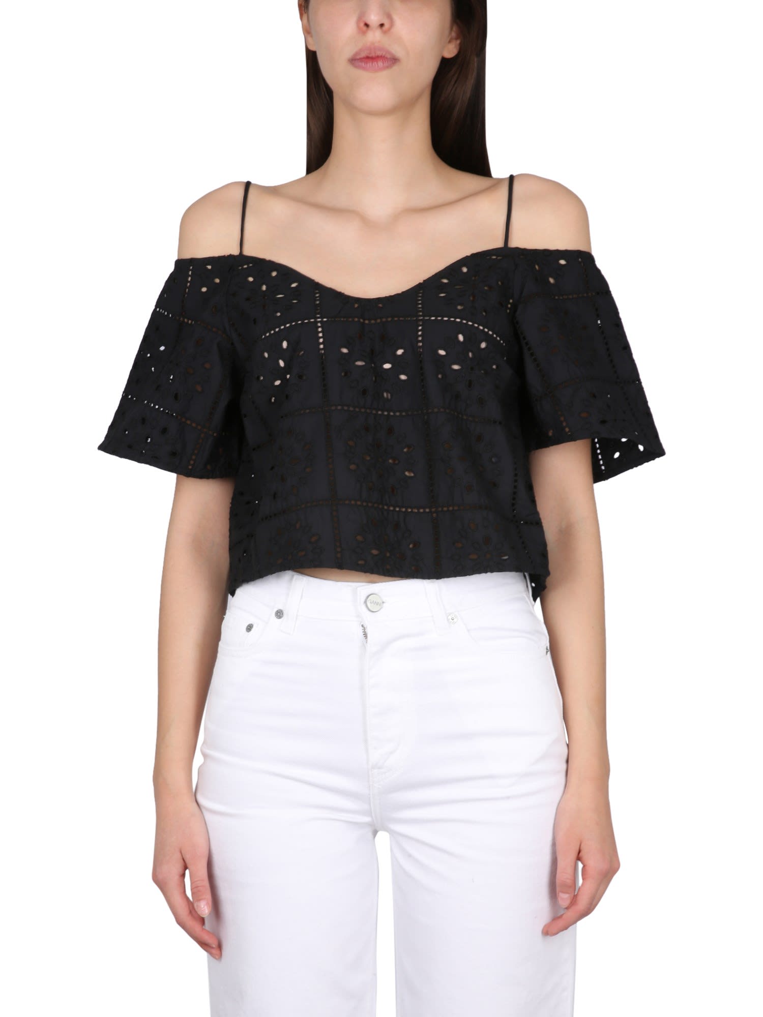 Ganni Broderie Anglaise Top Black |