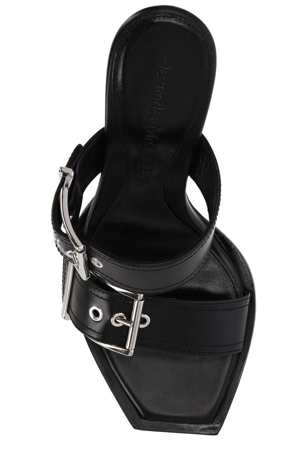 Shop Alexander Mcqueen Buckle Detailed Heeled Sandals In Black