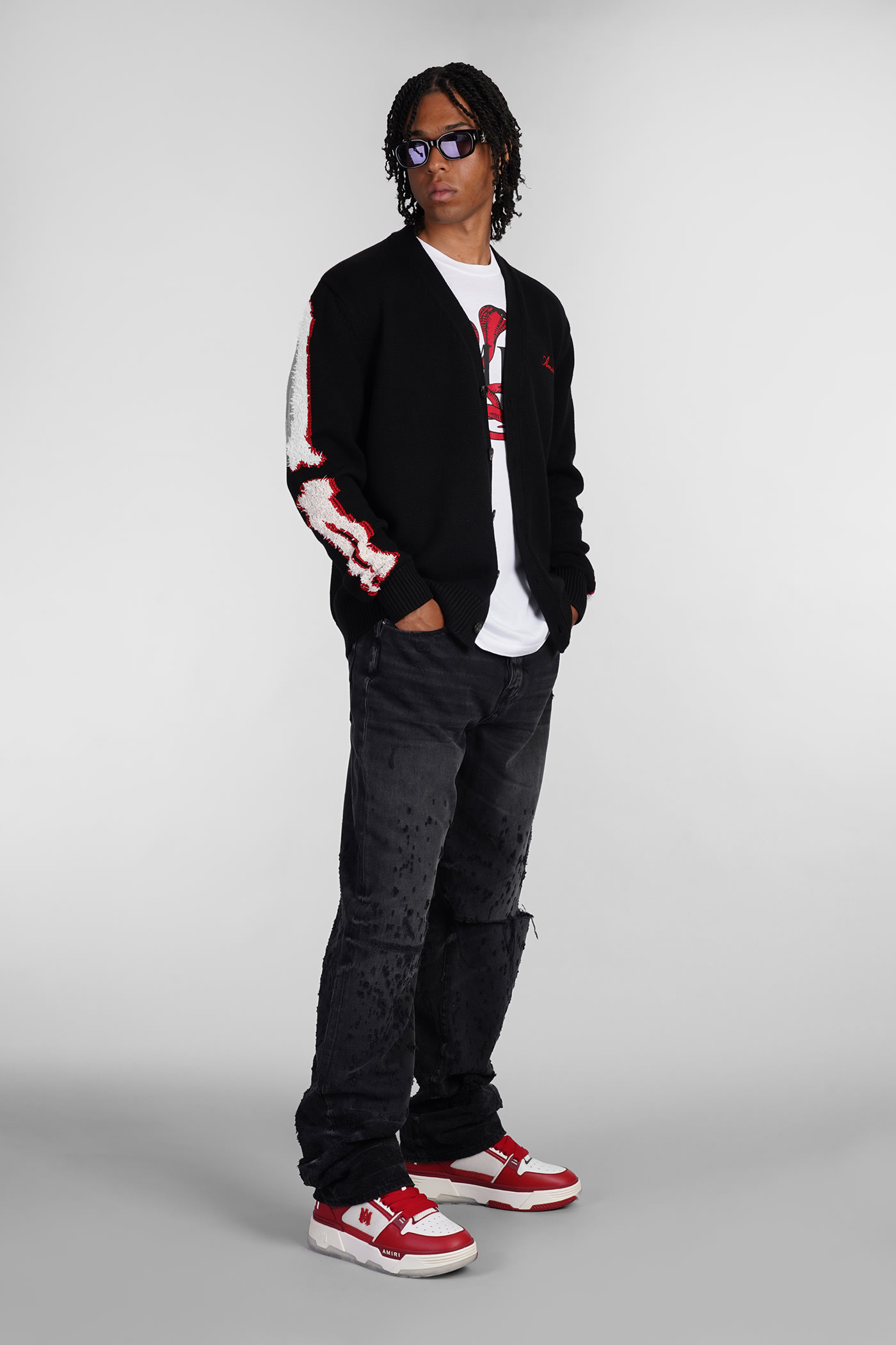 Amiri Black Cardigan With Bones Motif And Logo In Cotton Man In Black