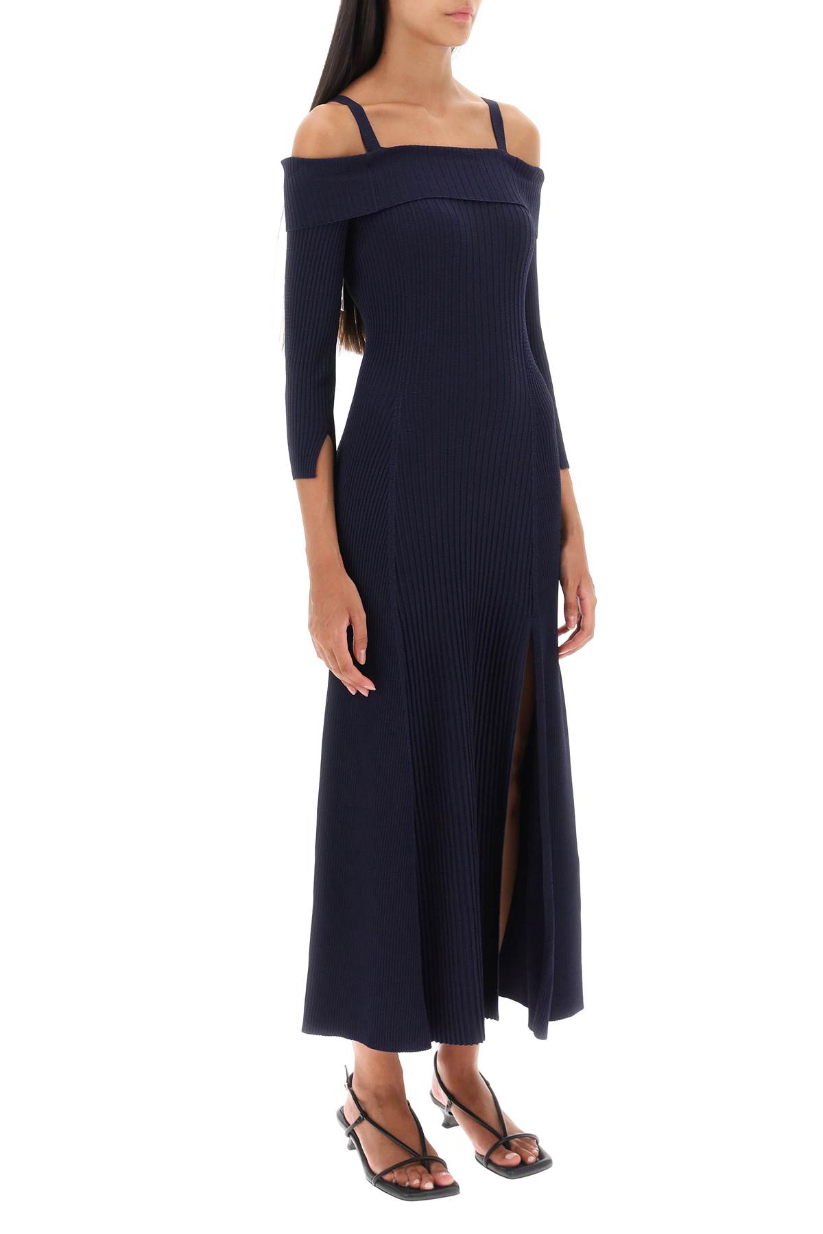 Shop Ganni Long Knitted Off-the-shoulder Dress In Sky Captain (blue)