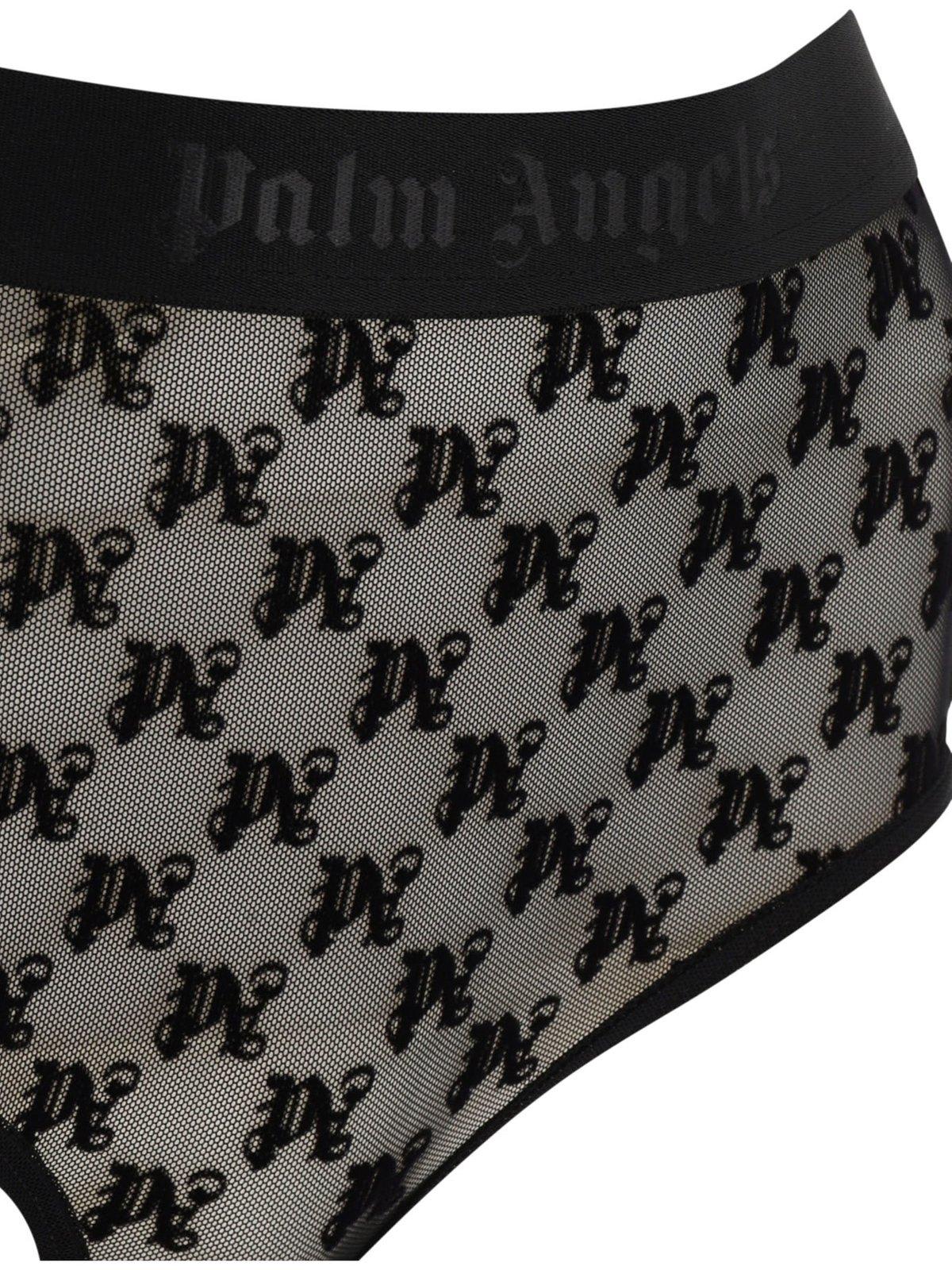 Shop Palm Angels Monogram Pattern High-waist Lace Briefs In Nero