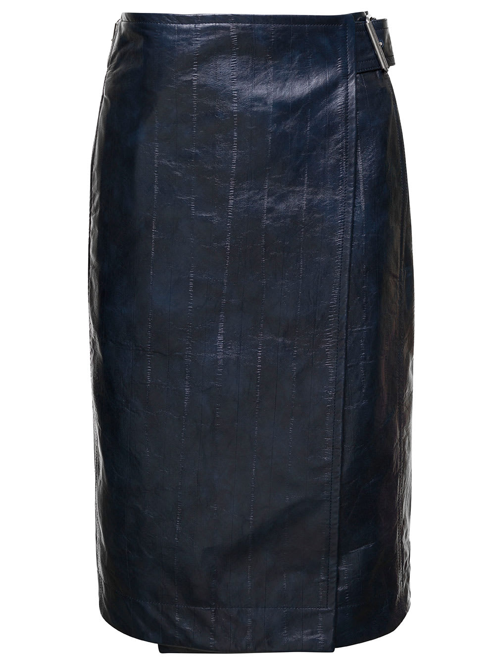 BOTTEGA VENETA MIDI BLUE BELTED WRAP SKIRT IN LEATHER WOMAN