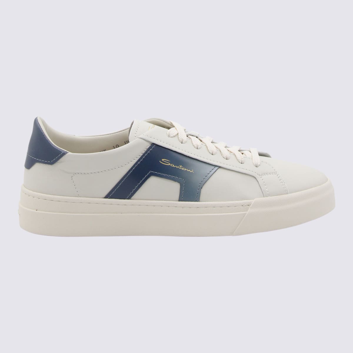 Santoni White And Blue Leather Buckle Trainers