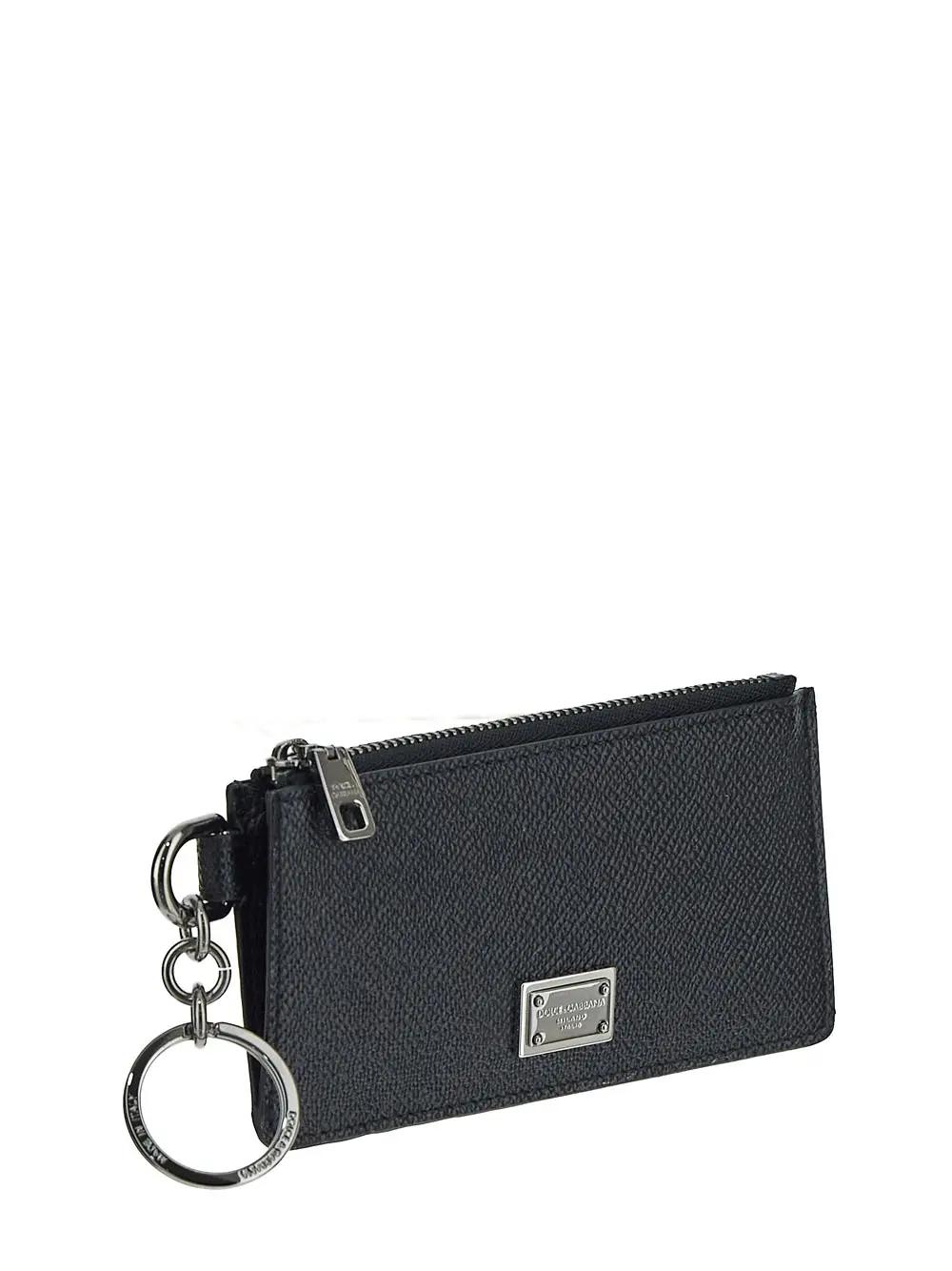 Shop Dolce & Gabbana Calfskin Card Holder With Ring And Logo Tag In Nero