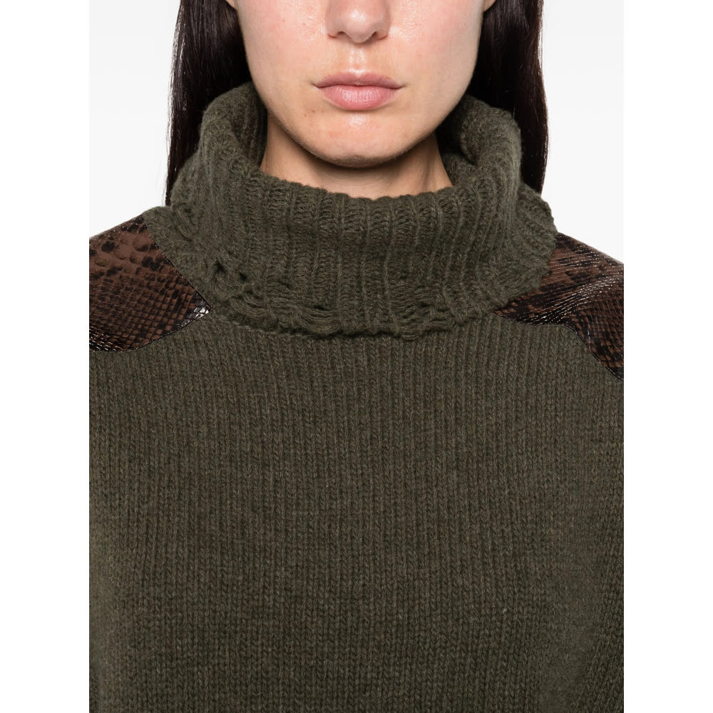 Stella Mccartney Snakeskin-embossed Leather Patch Turtleneck Sweater In Green